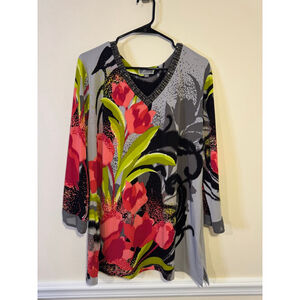 Women's JM Collection Tunic Top XL Gray Red Floral Beaded